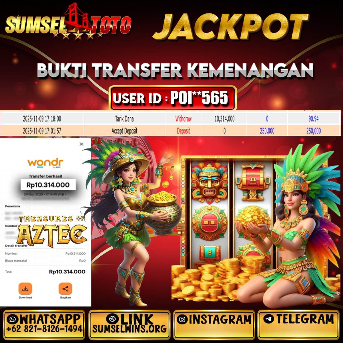 SUMSELTOTO JACKPOT TREASURES OF AZTEC Rp.10,314.000.,- LUNAS